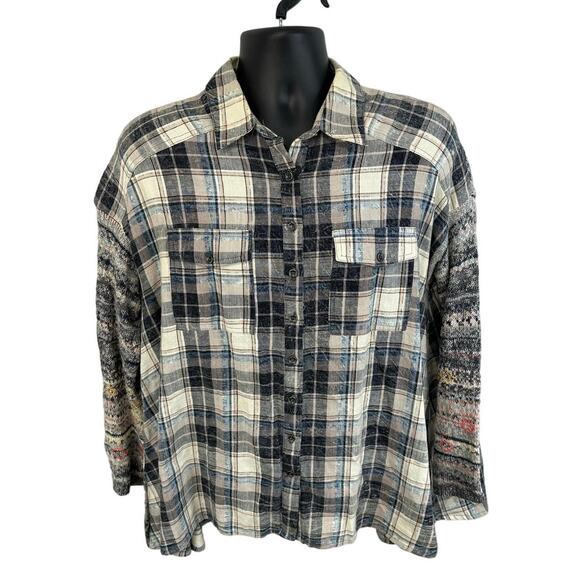 Free People Boho Knit Flannel Plaid Shirt Blue Multicolor Size Small Long Sleeve - Picture 1 of 12